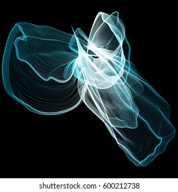 Vector illustration of a complex wireframe structure formed by the interweaving of smoothly curved lines against black background