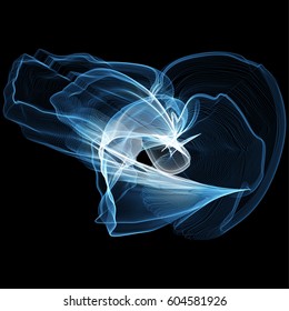 Vector illustration of a complex wireframe structure formed by the interweaving of smoothly curved lines against black background