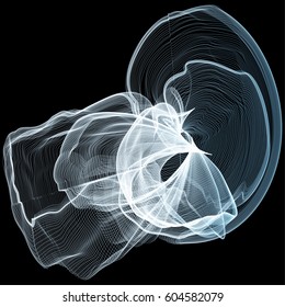 Vector illustration of a complex wireframe structure formed by the interweaving of smoothly curved lines against black background