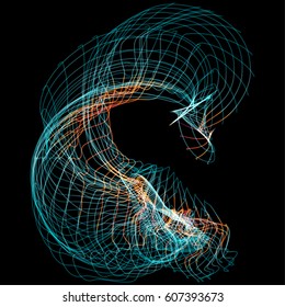 Vector illustration of a complex wireframe structure formed by the interweaving of smoothly curved lines against black background