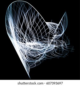Vector illustration of a complex wireframe structure formed by the interweaving of smoothly curved lines against black background