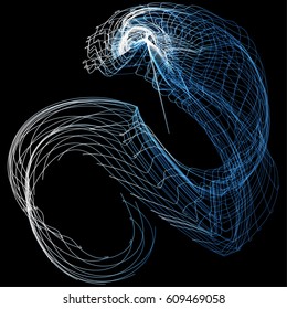 Vector illustration of a complex wireframe structure formed by the interweaving of smoothly curved lines against black background
