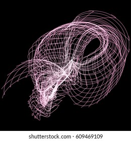 Vector illustration of a complex wireframe structure formed by the interweaving of smoothly curved lines against black background