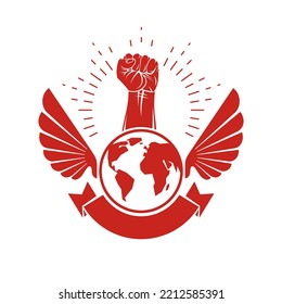 Vector illustration composed with bird wings, raised clenched fist and Earth globe. Revolution leader, nonconformist concept.