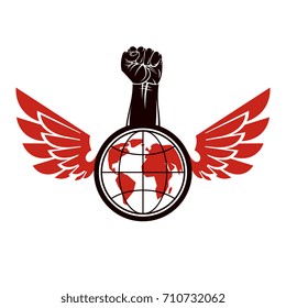 Vector illustration composed with bird wings, raised clenched fist and Earth globe. Revolution leader, nonconformist concept.