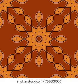 Vector illustration. Composed in brown and orange colors, abstract shapes, Mandalas. Kaleidoscope seamless pattern. Useful as design element for texture and artistic compositions.