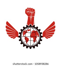 Vector illustration composed with industrial gear, raised clenched fist and Earth globe. Proletarian leader abstract vector illustration, social revolution concept.