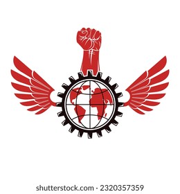 Ilustración vectorial compuesta por equipo industrial, puño de cizallamiento elevado y globo terrestre. El líder proletario abstracta ilustración vectorial, concepto de revolución social.