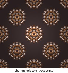 Vector illustration. Composed in orange, white and violet colors, abstract shapes, Mandalas. Kaleidoscope seamless pattern. Useful as design element for texture and artistic compositions.
