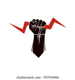 Vector illustration composed using strong muscular raised clenched fist made with lightning symbol. Power and authority concept.