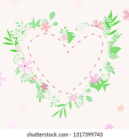 Vector illustration of composite with heart, flowers and branches on white background and with place for text. For greeting card, print on clothes, holiday invitation to the feast, banner, poster.