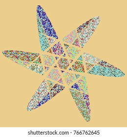 Vector illustration, composite, mosaic star. Patchy  abstract compound staron a beige yellow background.