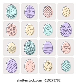 Vector illustration: composition of 16 different color egg icons with black stroke ornament on creamy stickers for Easter holidays design isolated on white background.