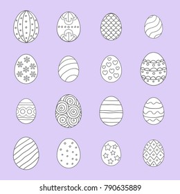Vector illustration: composition of 16 flat white egg icons with stroke and different ornaments  for Easter holidays design isolated on purple background.