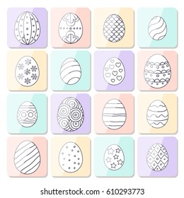 Vector illustration: composition of 16 white egg icons with different ornaments on pastel varicolored stickers with gloss for Easter holidays design isolated on white background.