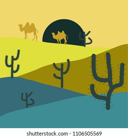 Vector illustration. Composition. Background with cactus in yellow, green and blue colors. Deserts and Sand Dunes Landscape.