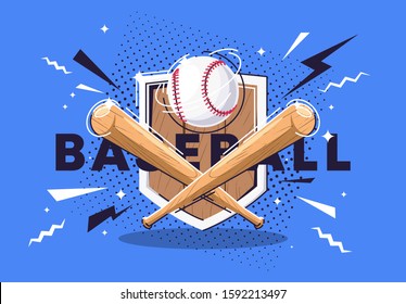 Vector illustration of a composition of baseball bats and a baseball on the background of a wooden shield