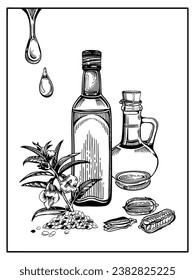 Vector illustration. Composition of bottles and sesame branches with leaves and flowers, seed pods, seeds