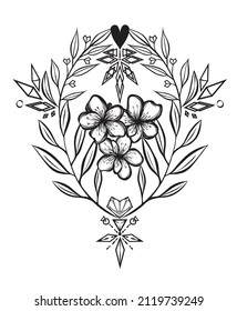 Vector illustration, composition with branches with leaves, crystal, flowers,  postcard, handmade
