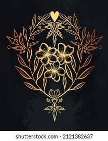 Vector illustration, composition with branches with leaves, crystal, flowers,  postcard, background chalkboard