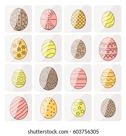 Vector illustration: composition of bright color egg icons with black stroke ornament on white glossy stickers for Easter holidays design isolated on white background.