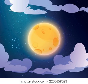 Vector illustration. A composition of clouds and a full moon in a dark blue sky