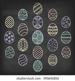 Vector illustration: composition of colored chalk drawn egg icons with different ornaments situated in form of hexagon isolated on black school board for Easter holidays design.