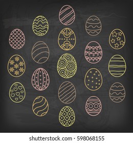 Vector illustration: composition of colored chalk drawn egg icons with different ornaments situated in form of hexagon isolated on black school board for Easter holidays design.