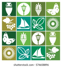 Vector illustration. Composition consisting of small square pictures on the theme of summer in retro style golden green coloring. Images include amphora, leaves, berries, sail, butterfly, sun, lantern