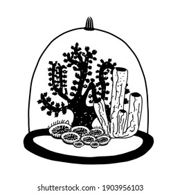 vector illustration - a composition of corals under a glass dome. Florarium for algae and reefs. Preservation of the underwater barrier reef. Freehand black and white style. Isolated on white back