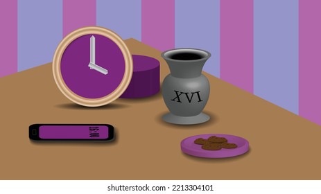 Vector Illustration. Composition Of The Corner Of The Dining Table. A Plate Of Cookies, An Analog Clock, A Smart Phone, An Empty Vase With The Roman Numeral 16. In The Background, A Striped Pattern.