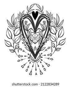 Ilustración vectorial, composición con cristales, hojas, corazón, postal, hecha a mano