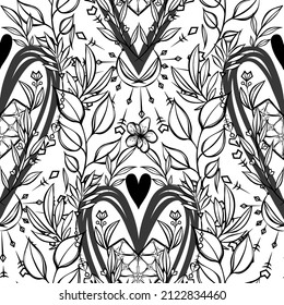 Vector illustration, composition with crystals, leaves, heart, light  background, seamless pattern