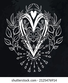 Vektorgrafik, Komposition mit Kristallen, Blättern, Herz, Hintergrund