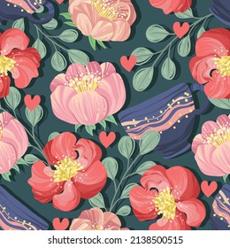 Vector illustration. Composition with cup, peonies, dark background, seamless pattern