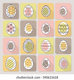 Vector illustration: composition of egg icons with colored yolk in them and black stroke ornament on colored stickers with diagonal shadow for Easter holidays design isolated on creamy background.