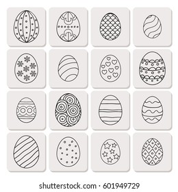 Vector illustration: composition of egg icons with black stroke ornament on creamy stickers for Easter holidays design isolated on white background.