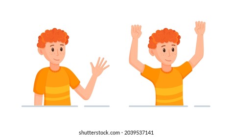 Vector illustration of the composition of the emotional pose of the character. A guy with red hair is smiling and actively rejoicing, gesturing his emotions.