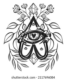 Vector illustration, composition with eye, hearts, branches with leaves, crystal, handmade, postcard