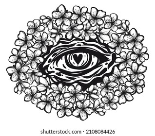 Ilustración vectorial, composición con ojos, flores de cerezo, hecha a mano, postal