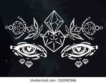 Ilustración vectorial, composición con ojos, corazón, cristales, hechos a mano, pizarra de fondo