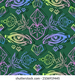 Vector illustration, composition with eyes, heart, crystals, dark  background, seamless pattern