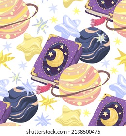 Vector illustration. Composition with fairy tale book, planets, stars, light background, seamless pattern
