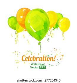 Vector illustration. Composition of festive orange, yellow and green balloons on a white background. Watercolor celebratory balloons. Happy Birthday.