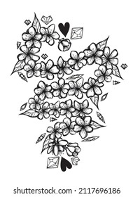 Vector illustration, composition with flowers, leaves, hearts, crystals, handmade, postcard