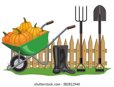 Vector illustration of the composition of the garden fence, wheelbarrow with yellow pumpkins, pitchfork, shovel and boots