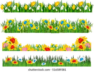 vector illustration of the composition of the grass and flowers isolated on white background