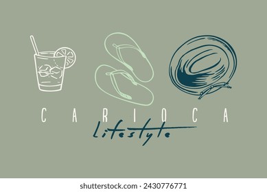 Vector illustration of composition with hat, glass of caipirinha and flip-flops. Art representing a Rio lifestyle. Drawing in simple and stylized strokes.