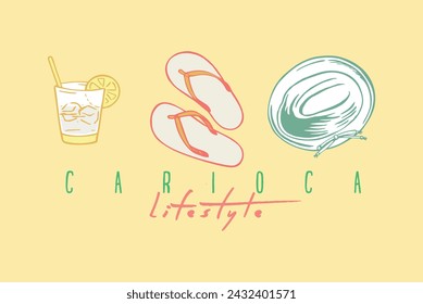 Vector illustration of composition with hat, glass of caipirinha and flip-flops. Art representing a Rio lifestyle. Drawing in simple and stylized strokes.