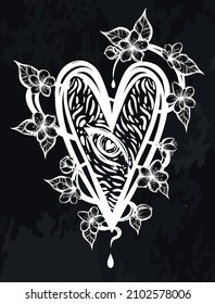Vector illustration, composition with heart, cherry flowers, eye, handmade, postcard, background chalkboard